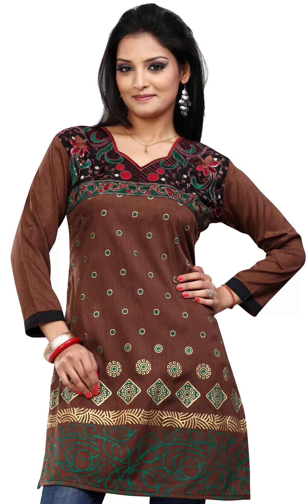 India Tunic Top Kurti Womens Long Embroidered Blouse Indian Apparel (Brown)