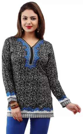 India Tunic Top Kurti Womens Printed Blouse Indian Apparel (Black/Blue, XS)