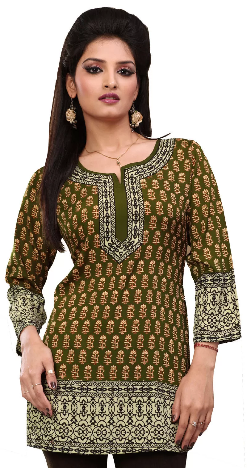 India Tunic Top Kurti Womens Printed Blouse Indian Apparel (Green)