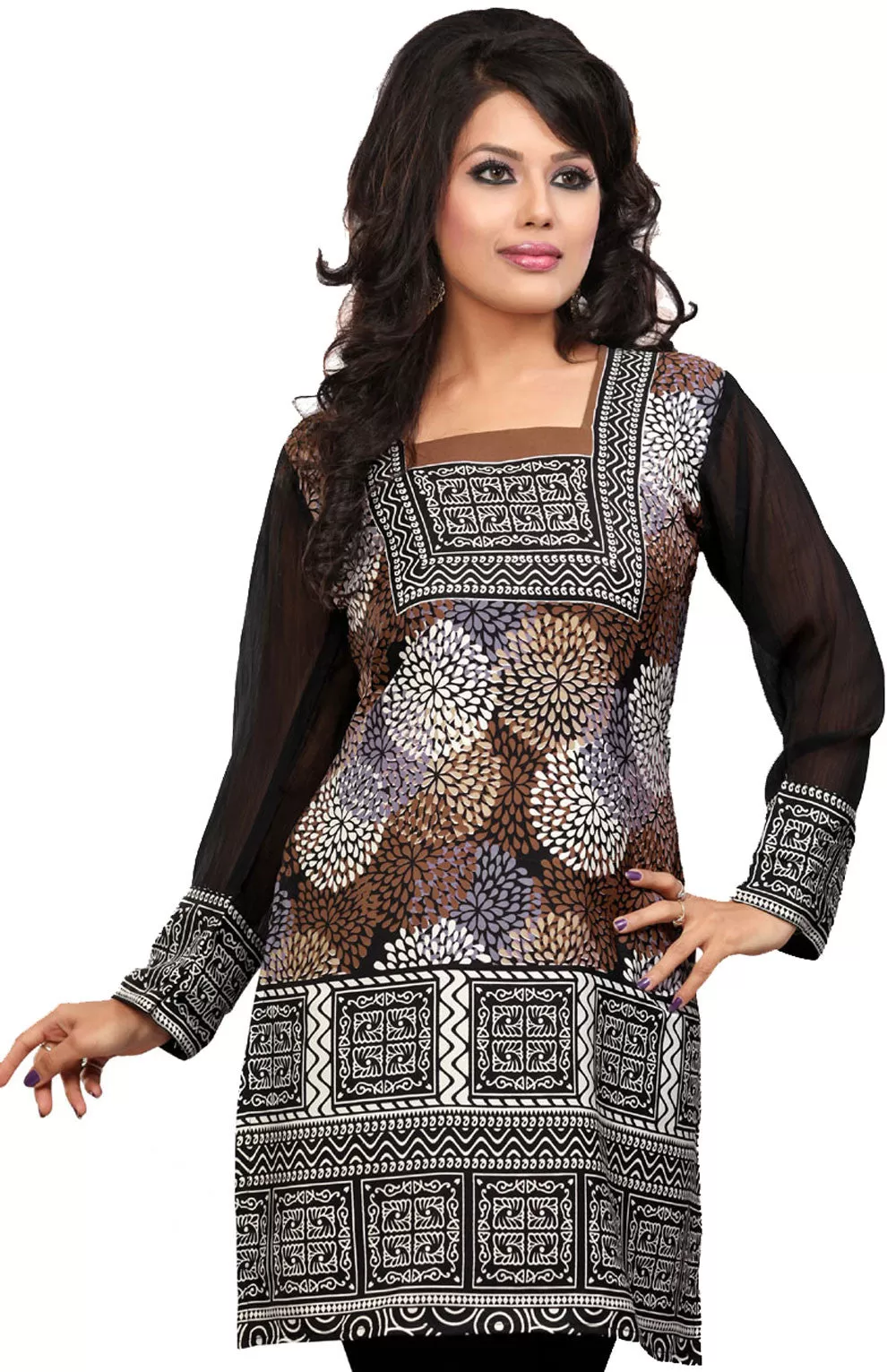 India Tunic Top Kurti Womens Printed Blouse Indian Clothing (Brown)