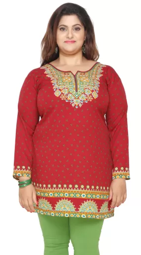 India Tunic Top Kurti Womens Printed Plus Size Indian Clothes (Red)