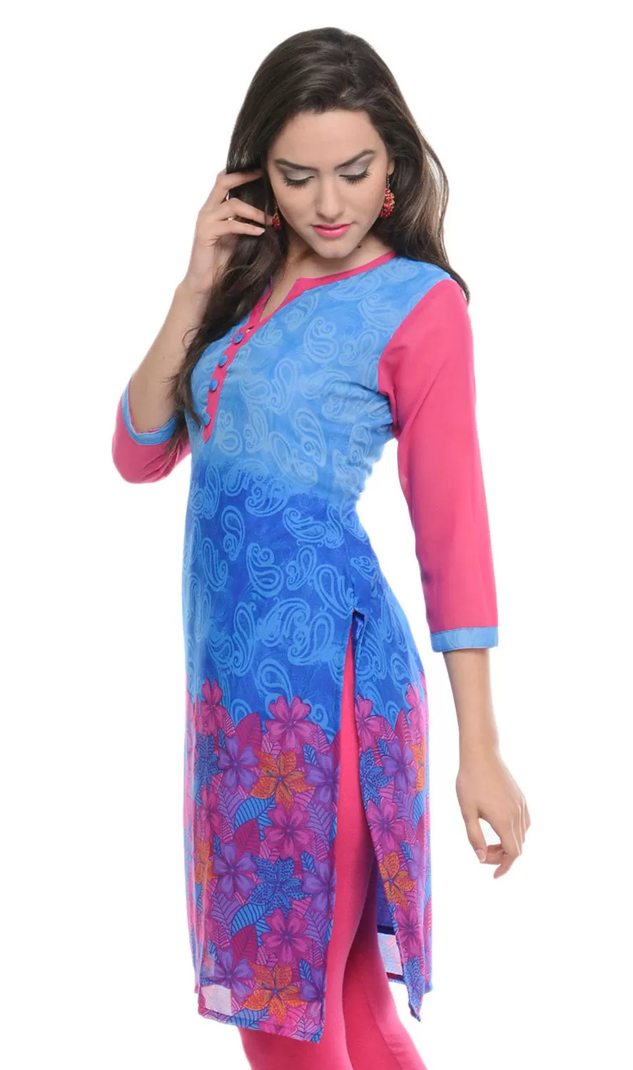 India Tunic Top Long  Kurti Georgette Womens Printed Indian Clothing (Blue)