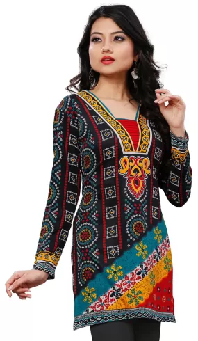 India Tunic Top Long  Kurti Womens Printed Indian Clothing (Black)