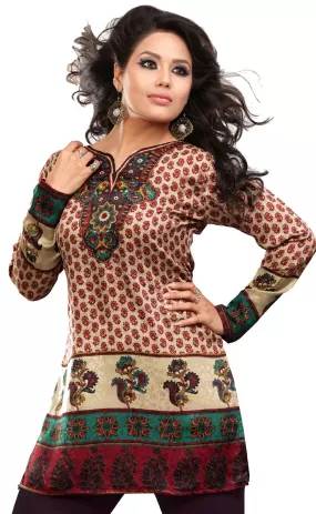 India Tunic Top Short Kurti Women's Printed Indian Clothing (Brown)