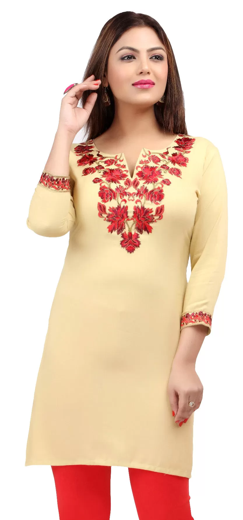 India Women's Tunic Top Kurti Embroidered Clothing (Light Gold)