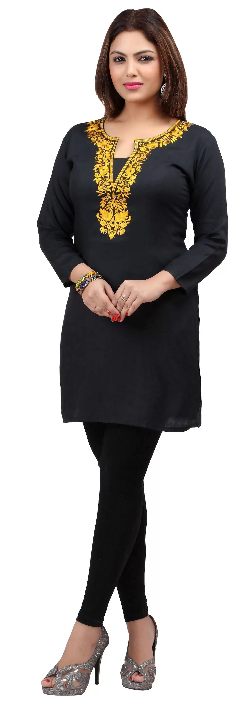 India Women's Tunic Top Kurti Embroidered Indian Clothing (Black/Yellow)