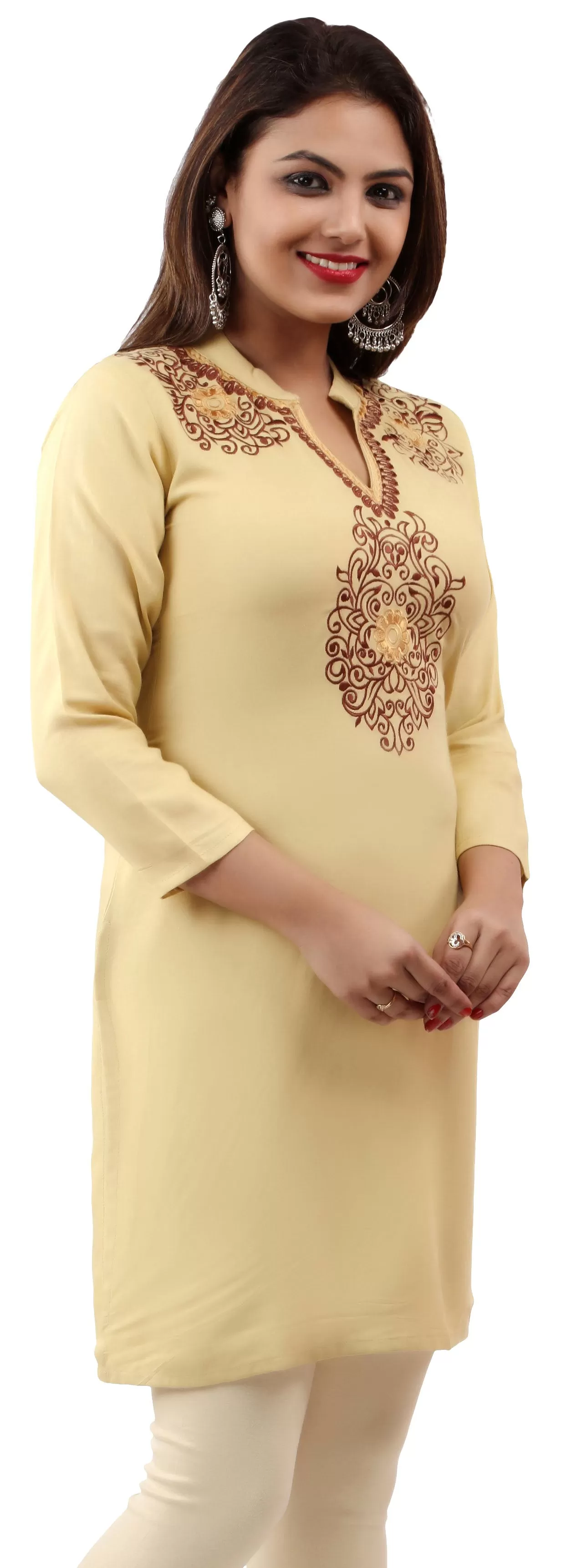 India Women's Tunic Top Kurti Embroidered Indian Clothing (Light Gold, XS)