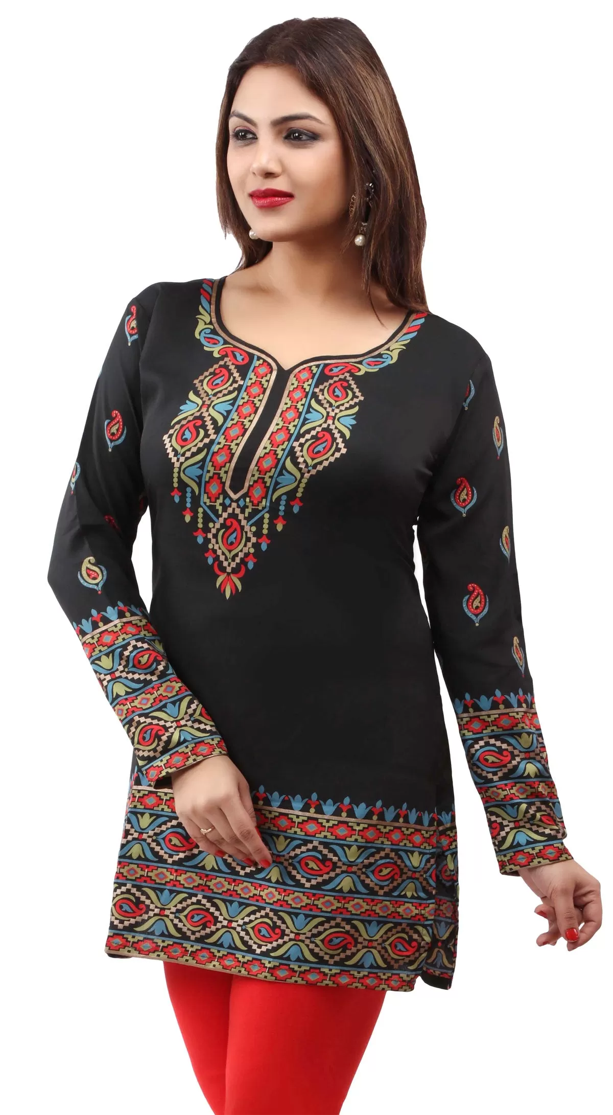 India Women's Tunic Top Kurti Printed Indian Clothing (Black)