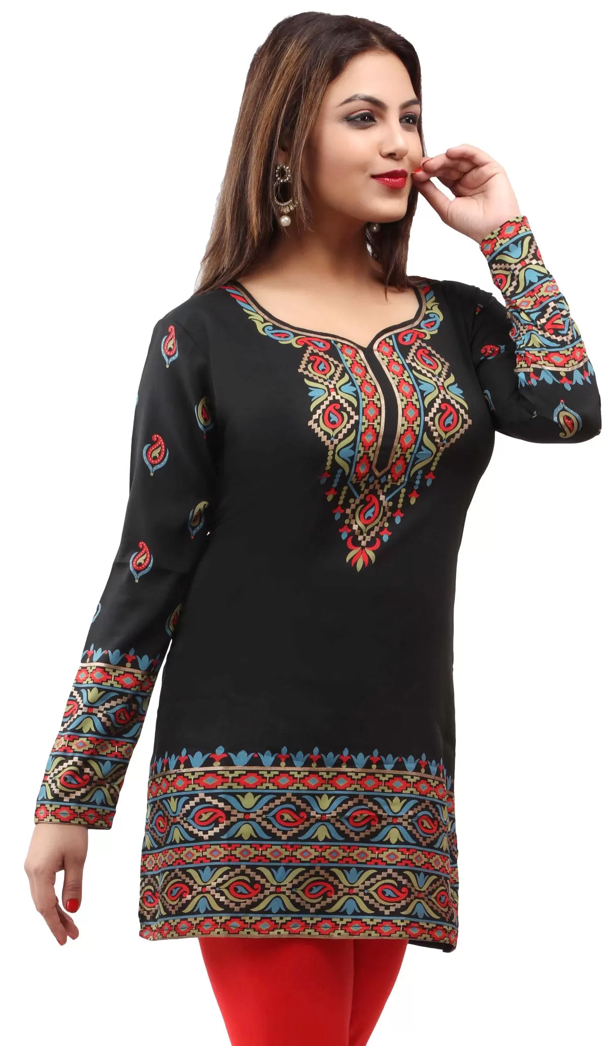 India Women's Tunic Top Kurti Printed Indian Clothing (Black)