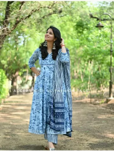 Indigo Bagru Cotton Blue Aline Salwar Suit