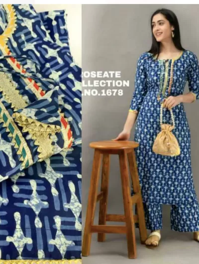 Indigo Blue Women Cotton Kurti Pant Set