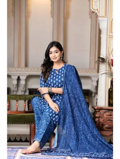 Indigo Hand printed Kurti Pant Dupatta Set of 3