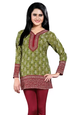 Kurti Top Long Tunic Womens Printed Blouse India Clothing (Green)