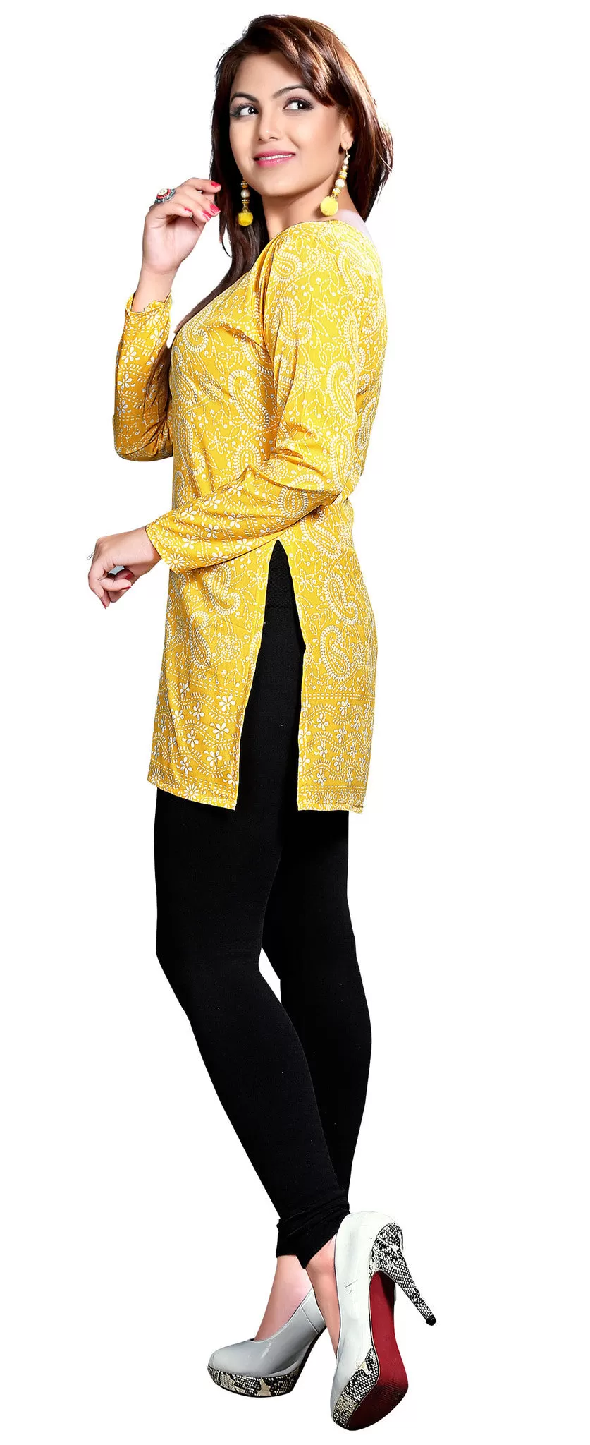 Kurti Top Long Tunic Womens Printed Blouse India Clothing (Yellow)