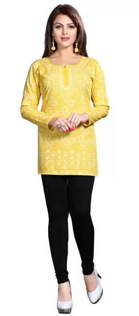 Kurti Top Long Tunic Womens Printed Blouse India Clothing (Yellow)