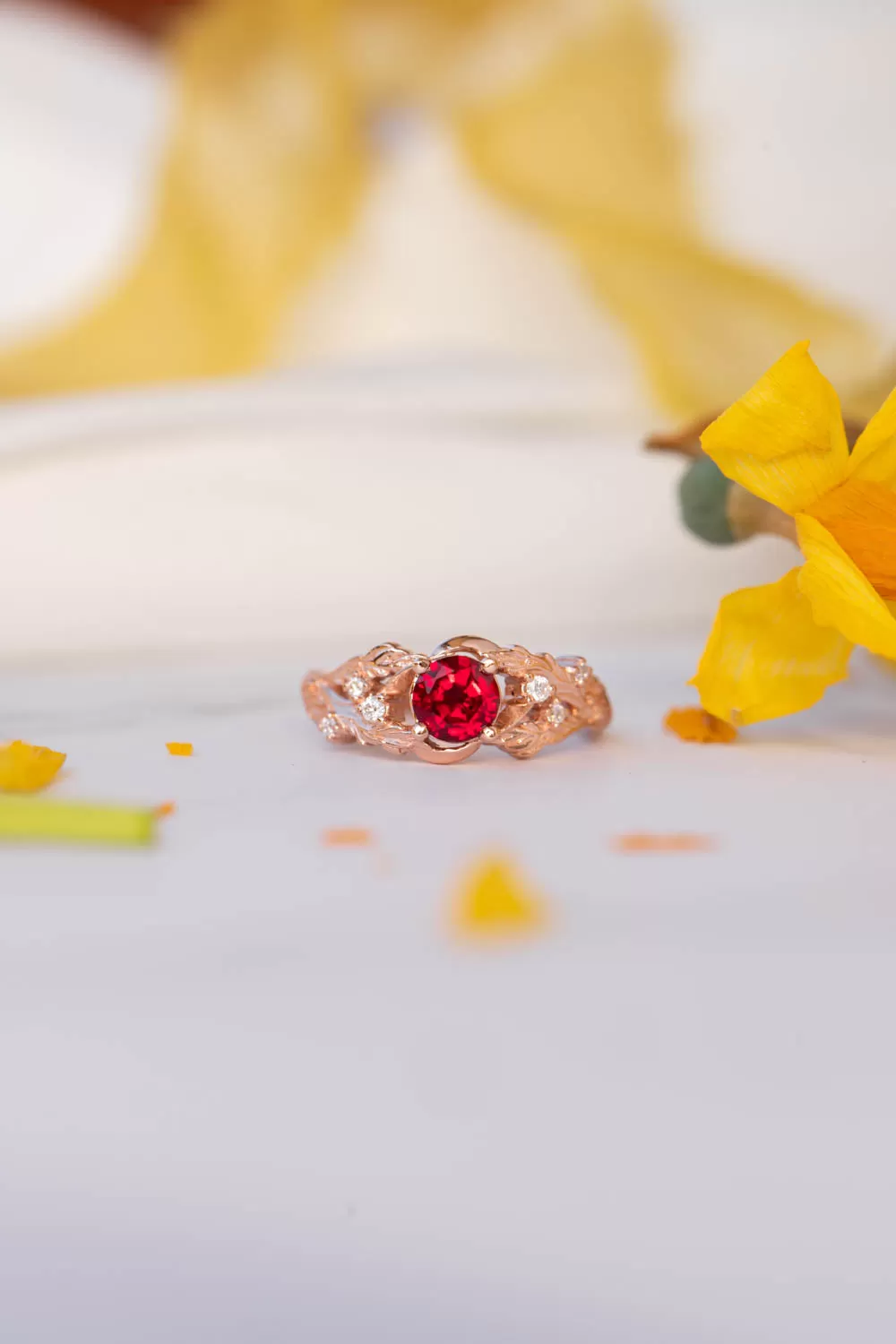 Lab ruby branch engagement ring, rose gold twig proposal ring / Japanese Maple