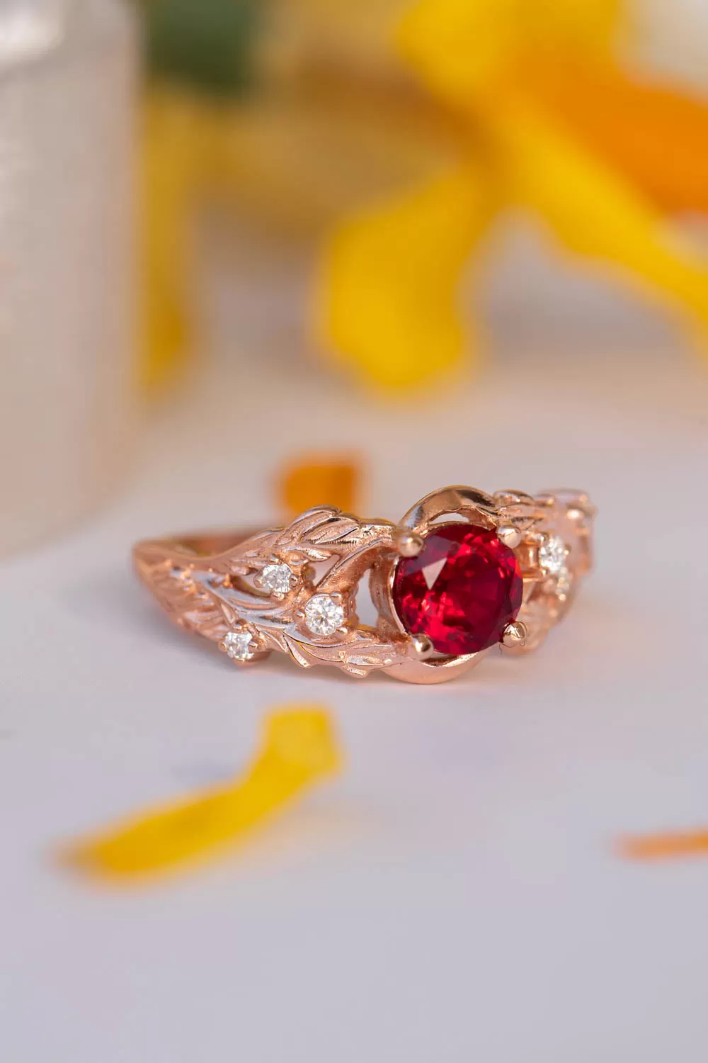 Lab ruby branch engagement ring, rose gold twig proposal ring / Japanese Maple