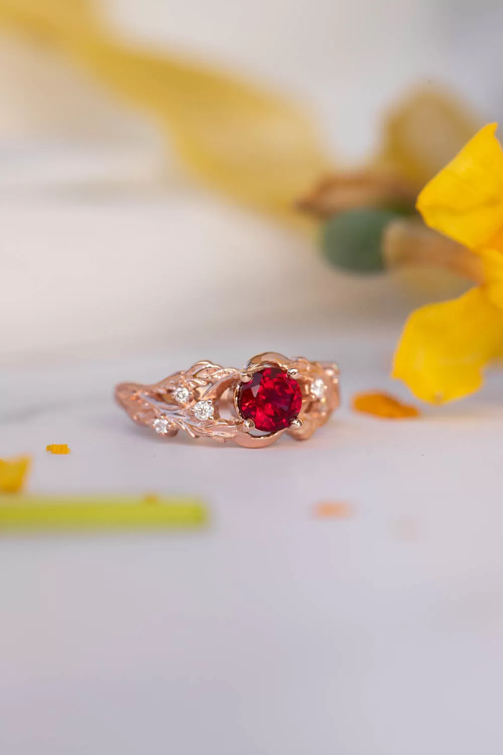 Lab ruby branch engagement ring, rose gold twig proposal ring / Japanese Maple