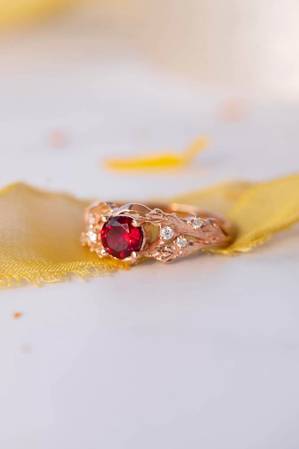 Lab ruby branch engagement ring, rose gold twig proposal ring / Japanese Maple