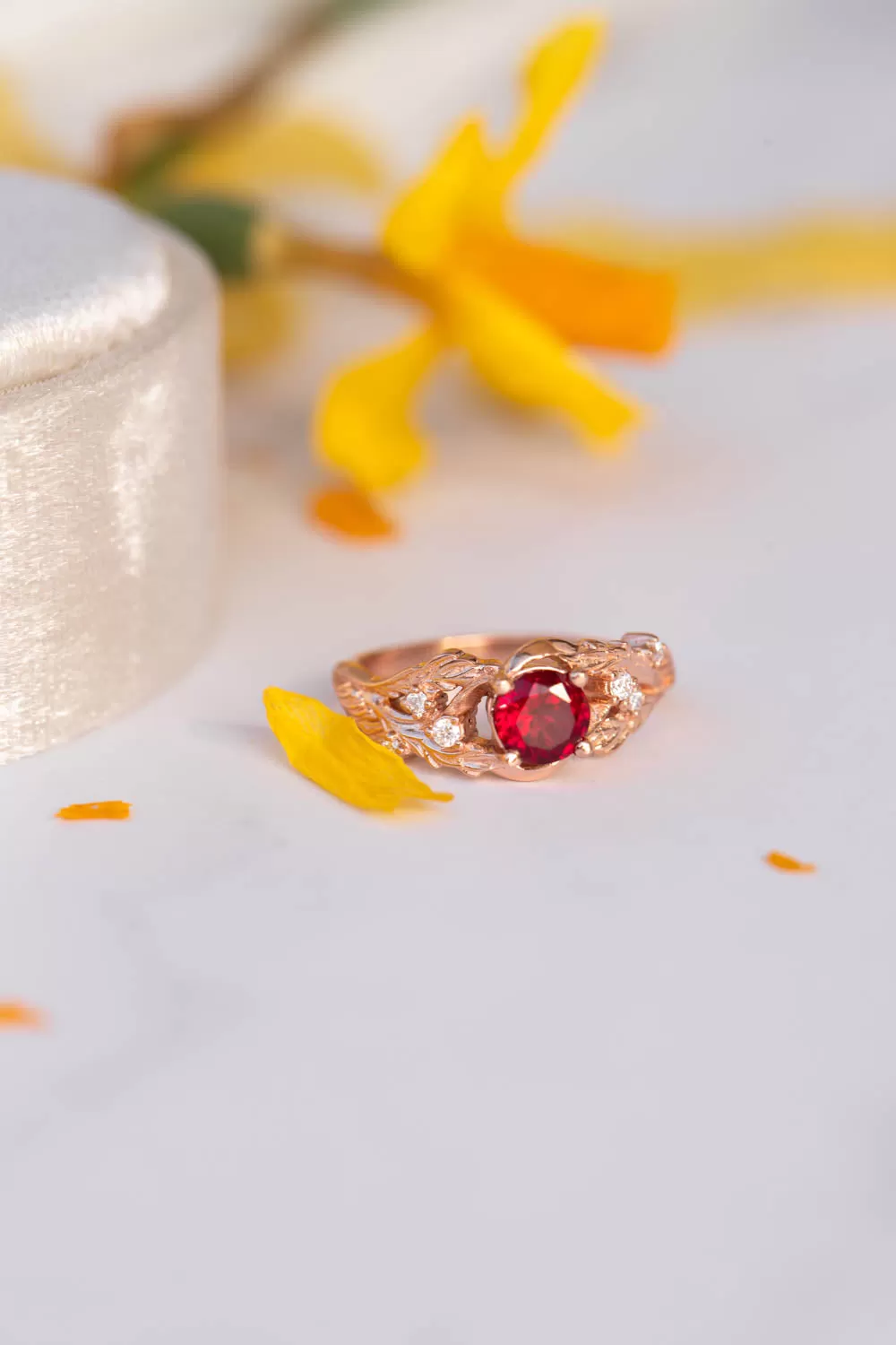 Lab ruby branch engagement ring, rose gold twig proposal ring / Japanese Maple