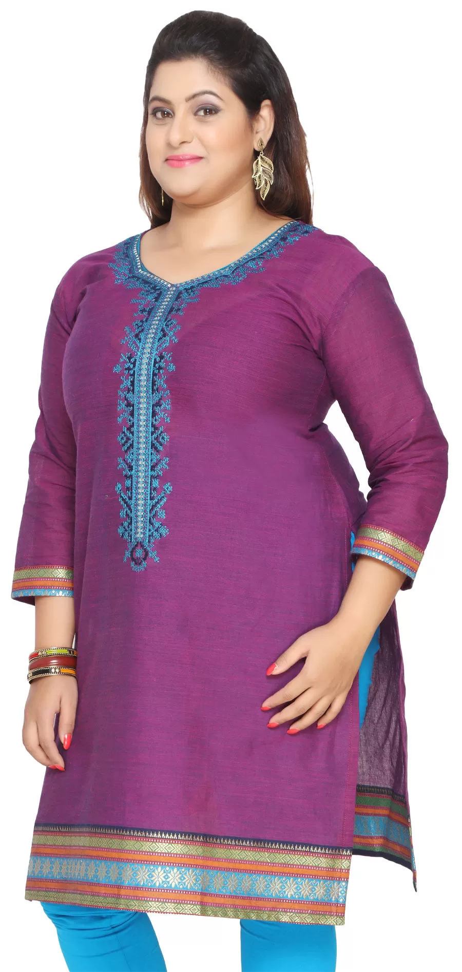 Long Kurti Womens Embroidered Plus Size Indian Clothes (Purple)