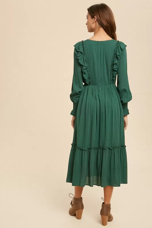 Mariah Embroidered Midi Dress in Emerald