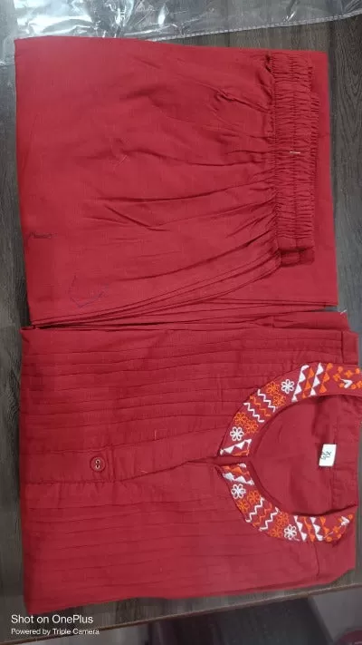 Maroon Monochrome Cotton Kurti With Afghani Pant Set