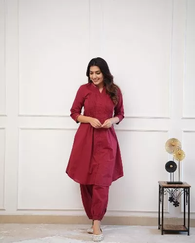 Maroon Monochrome Cotton Kurti With Afghani Pant Set