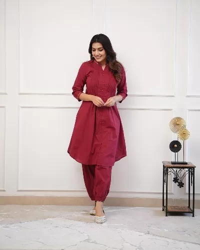 Maroon Monochrome Cotton Kurti With Afghani Pant Set