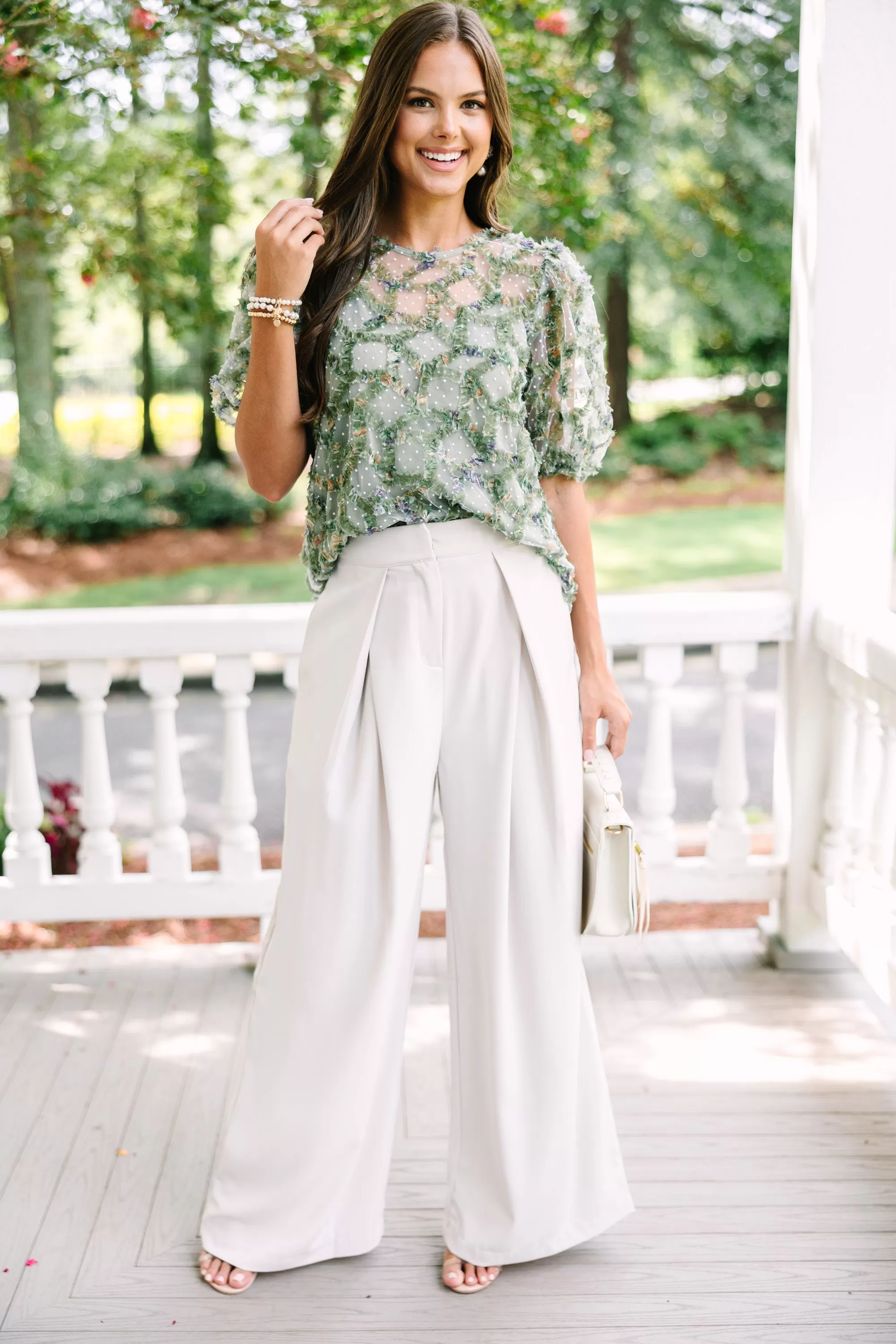 Meet In The Garden Olive Green Textured Floral Blouse