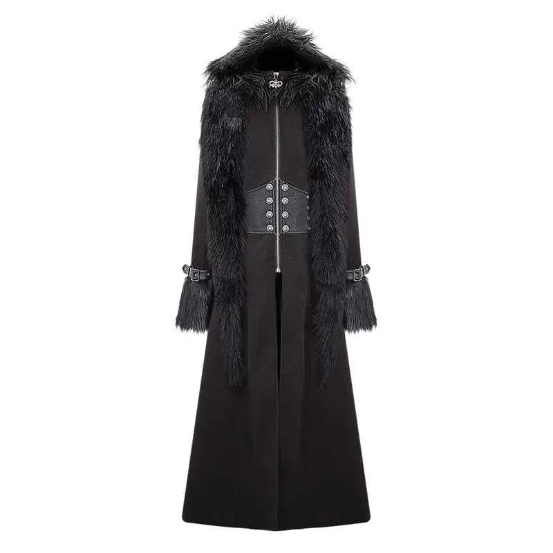 Men's Goth Fur Collar Hooded Woolen Overcoat