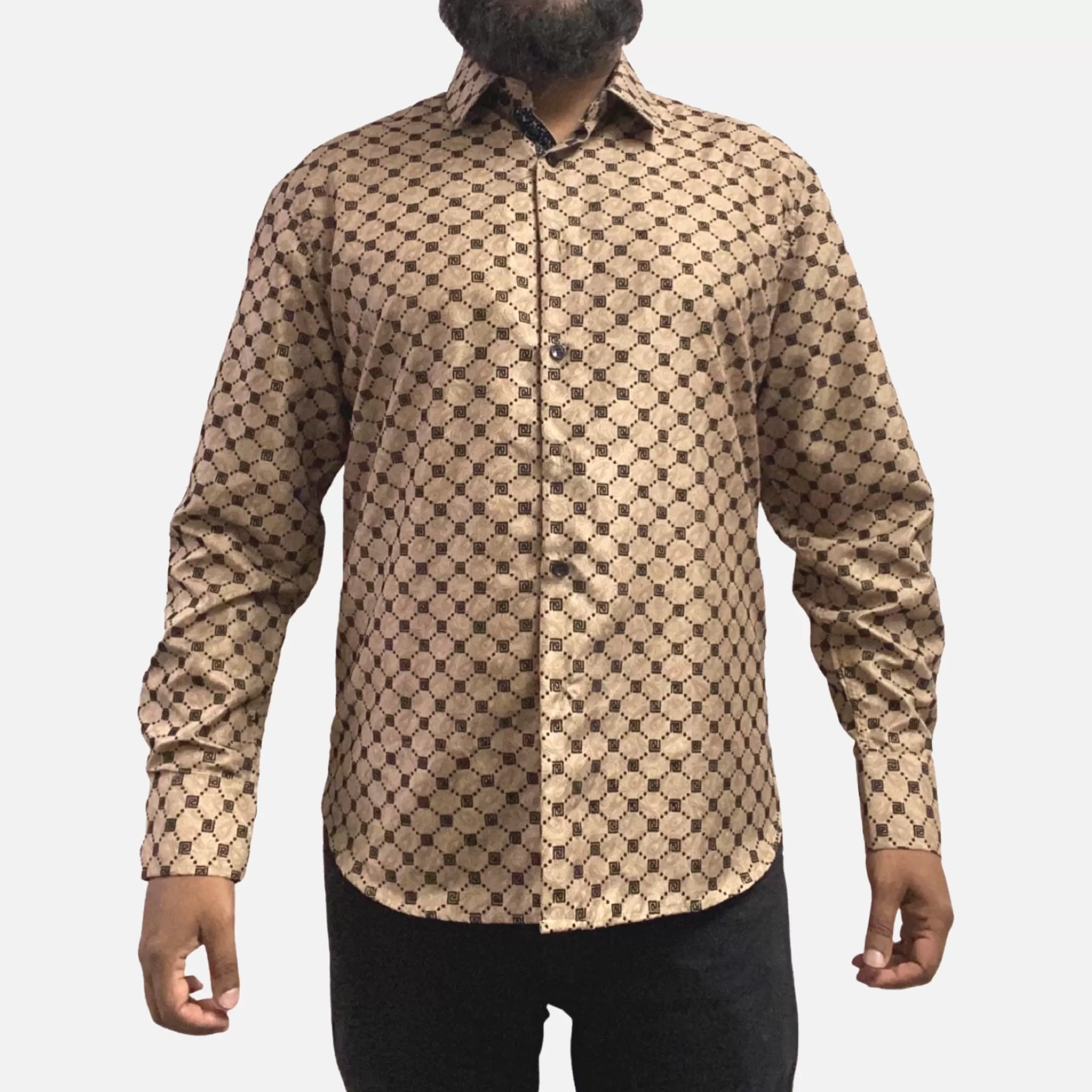 Men's Taupe Shirt with Black Flocking Pattern and Subtle Paisley Design