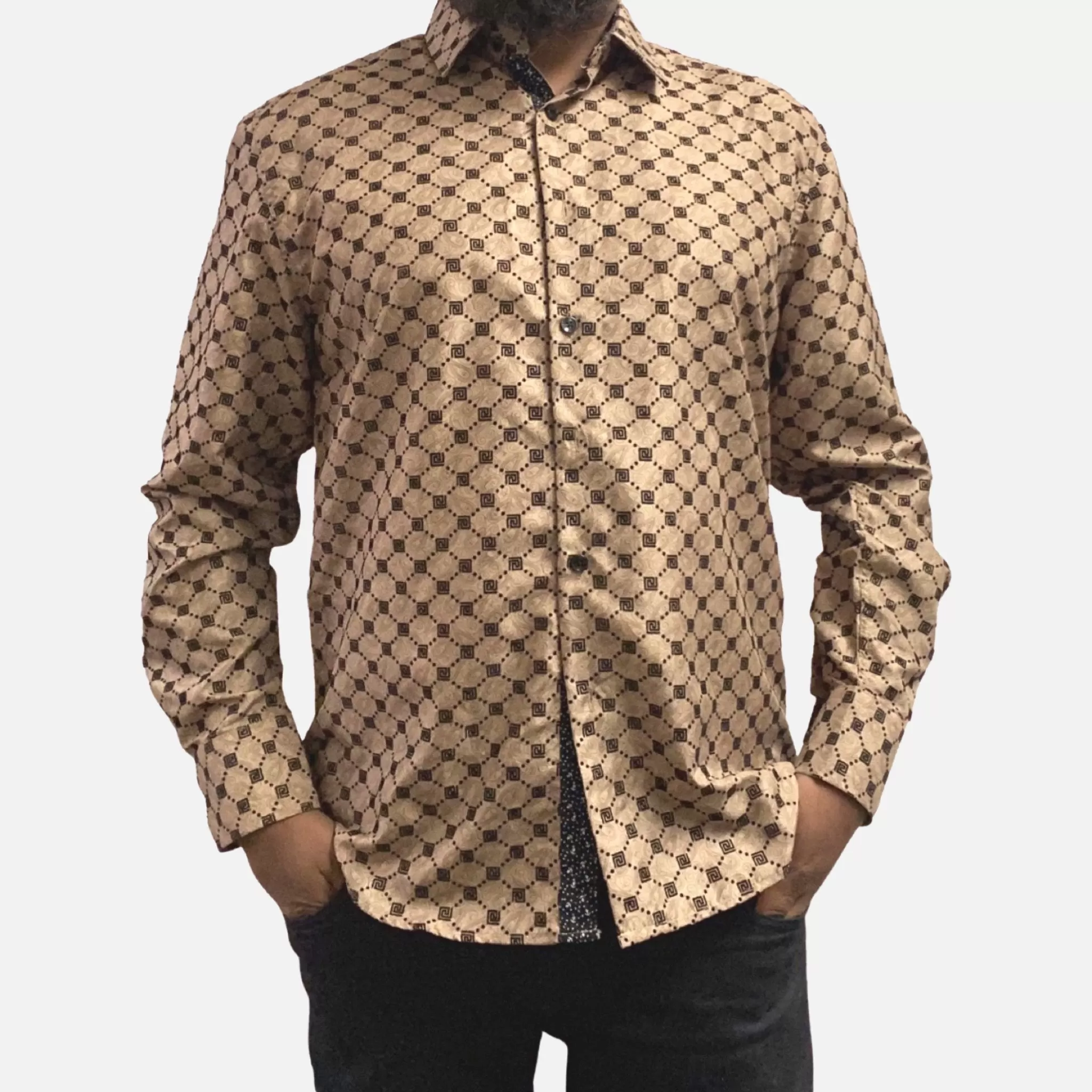 Men's Taupe Shirt with Black Flocking Pattern and Subtle Paisley Design