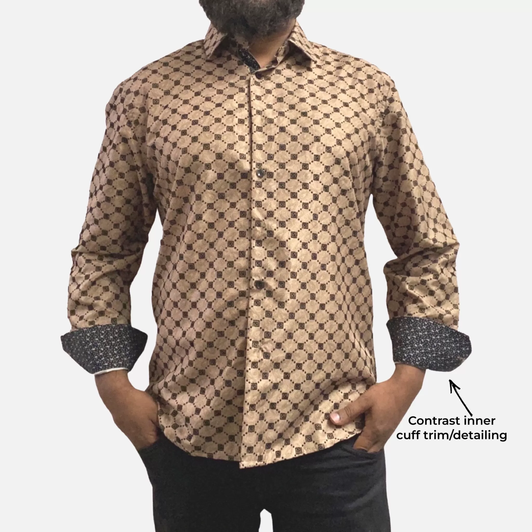 Men's Taupe Shirt with Black Flocking Pattern and Subtle Paisley Design