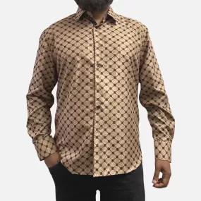 Men's Taupe Shirt with Black Flocking Pattern and Subtle Paisley Design