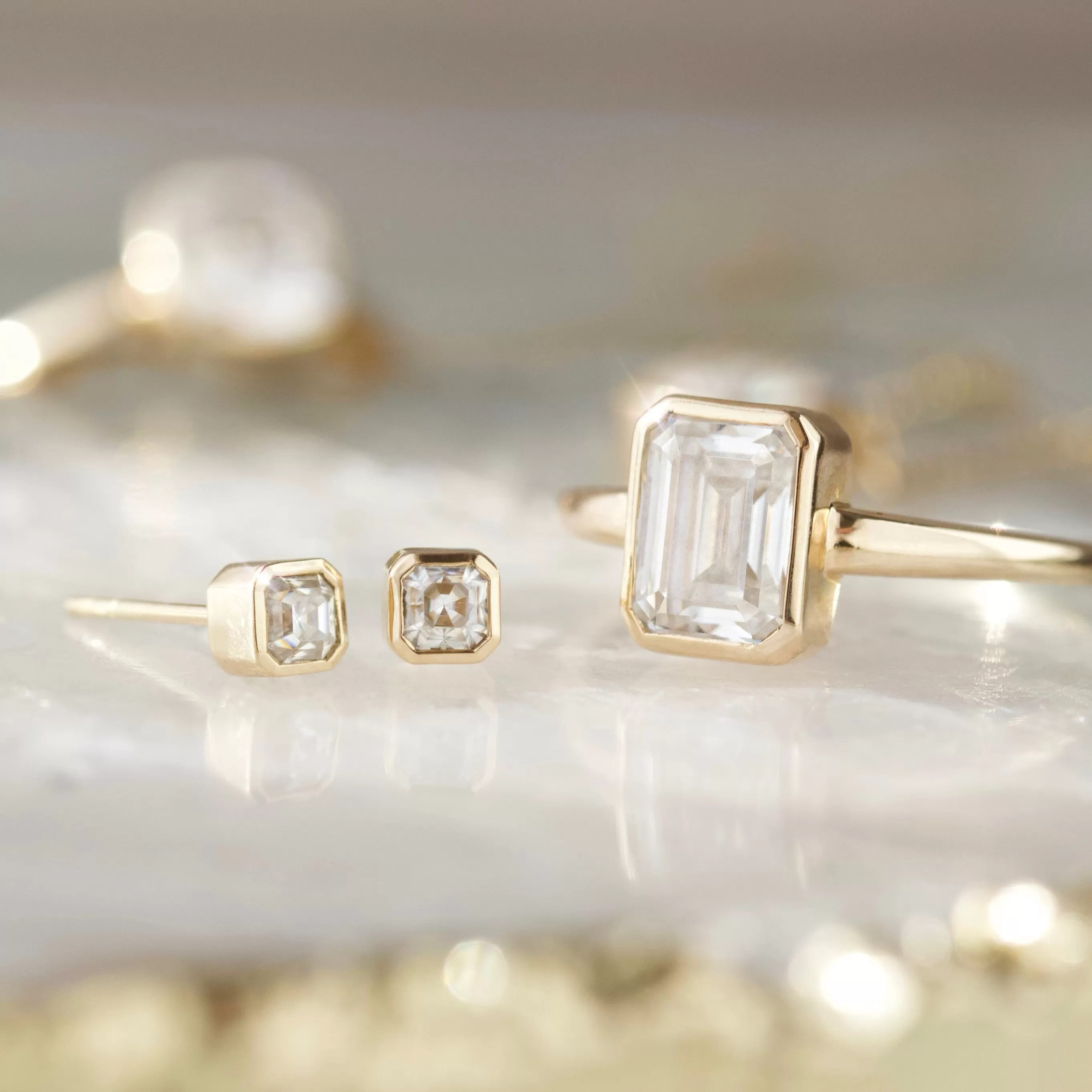 Moissanite Asscher Cut Bezel Set Stud Earrings