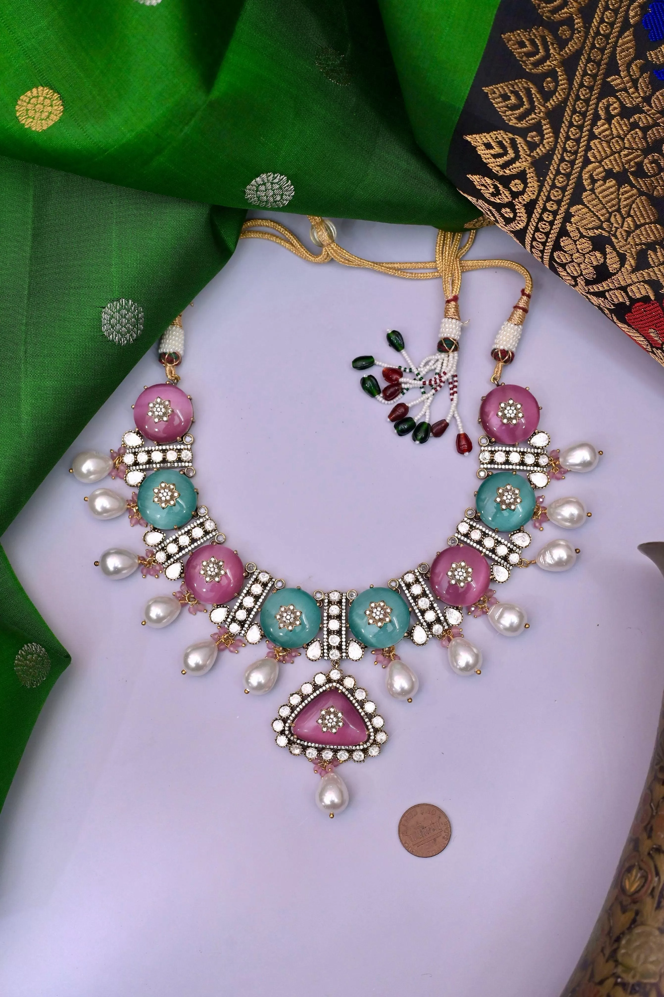 Monalisa Stone Collar Necklace Set with AD Stone and Pearl