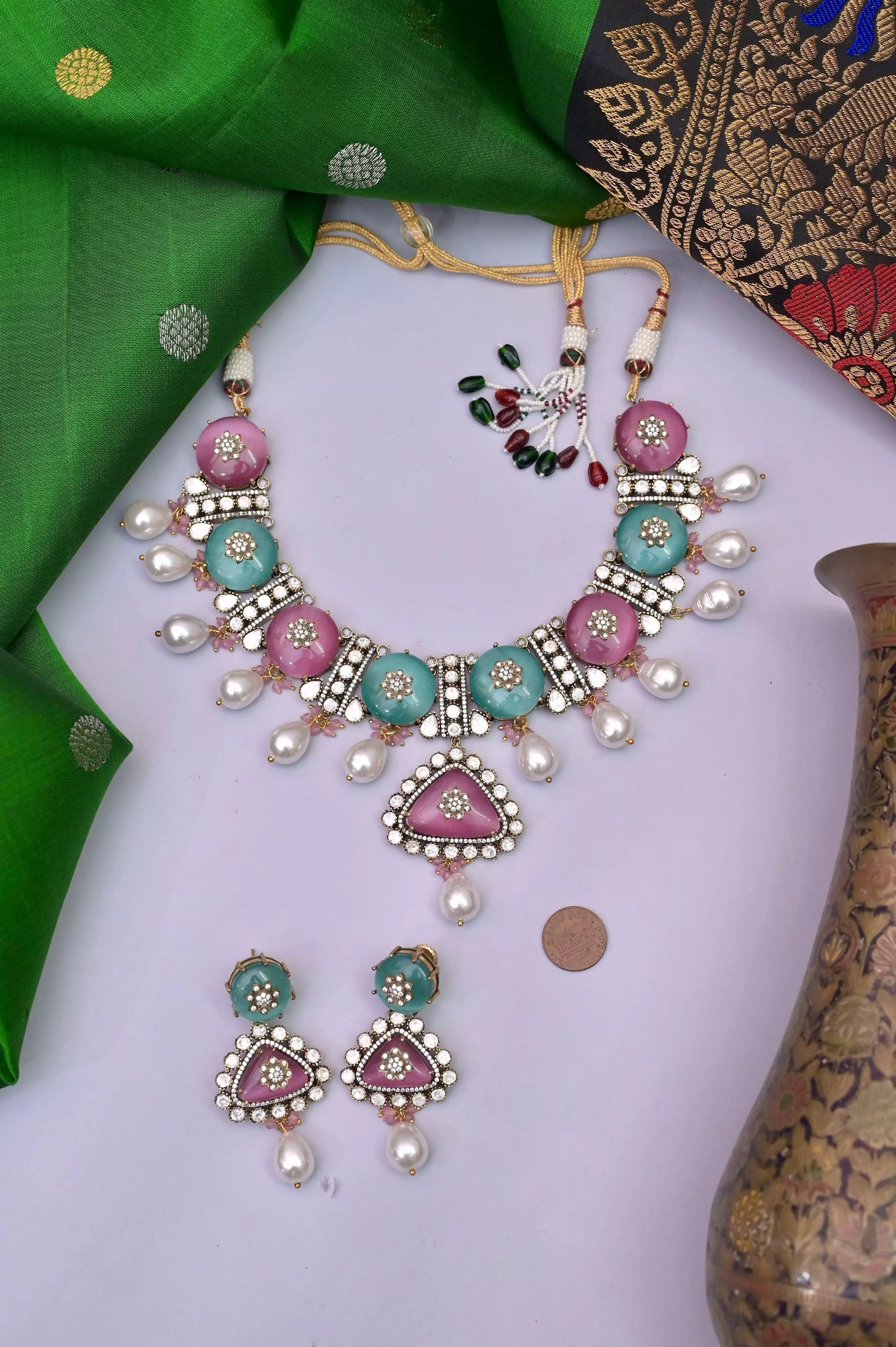 Monalisa Stone Collar Necklace Set with AD Stone and Pearl