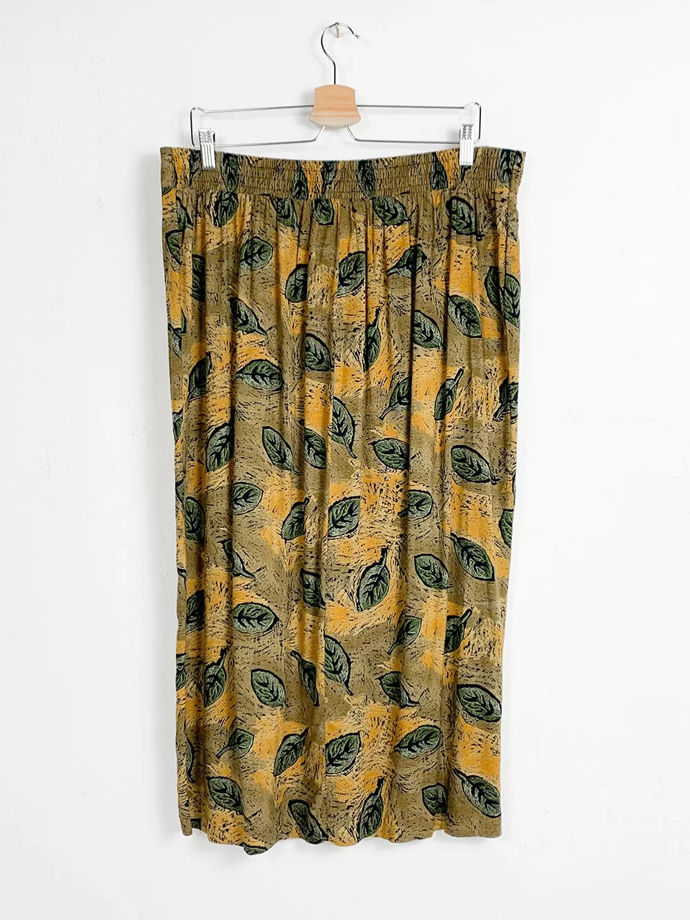 MW 80s Hand Drawn Leaf Print Rayon Midi Skirt