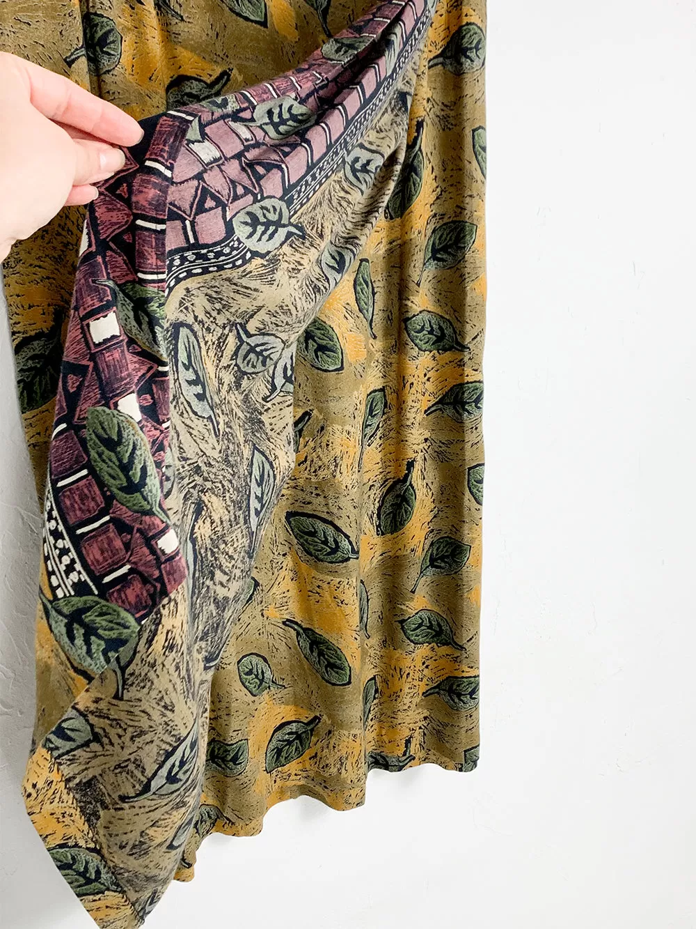 MW 80s Hand Drawn Leaf Print Rayon Midi Skirt