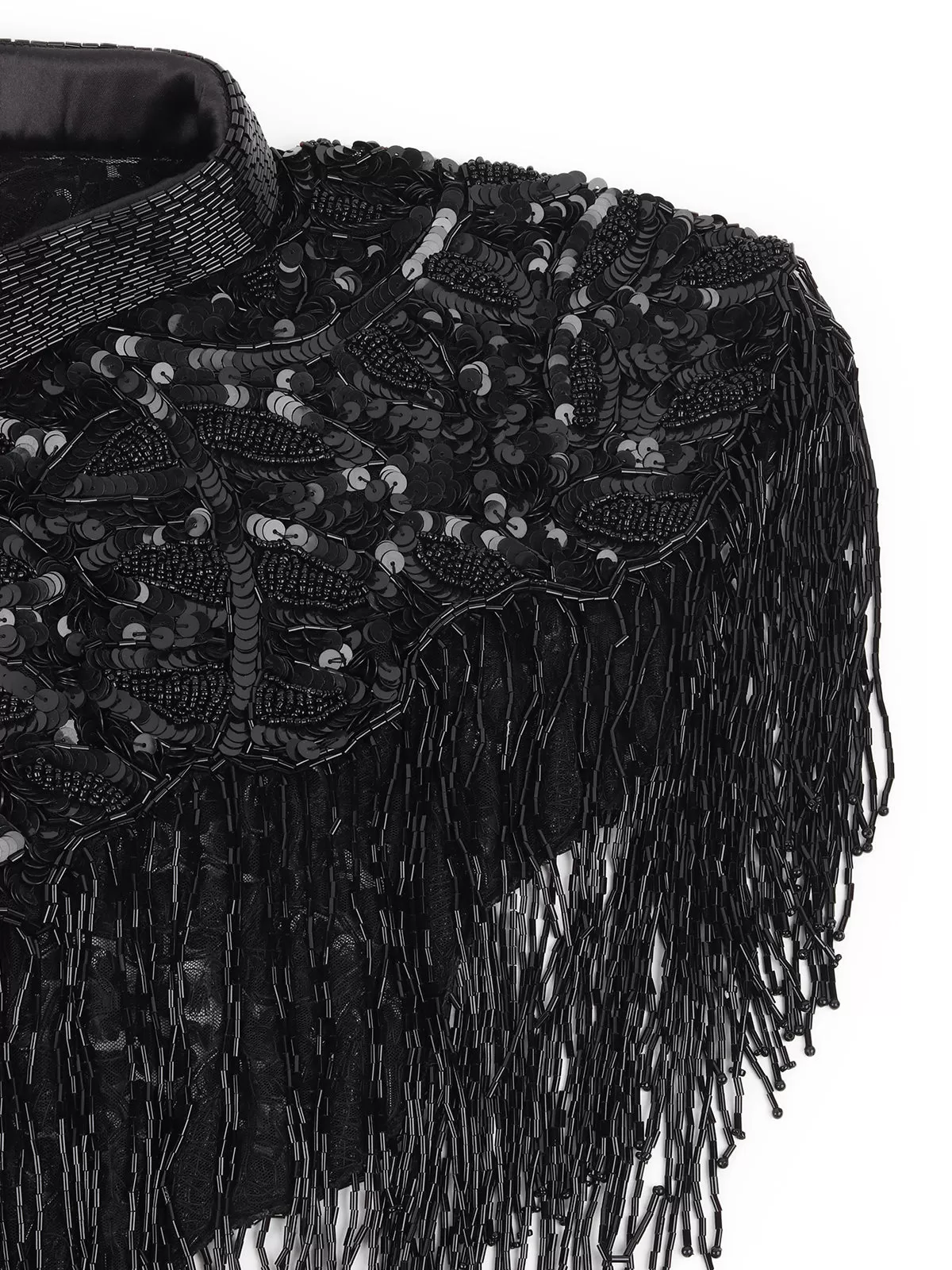 Odette Black Sequins and Beads Embellished Tassels Cape for Women