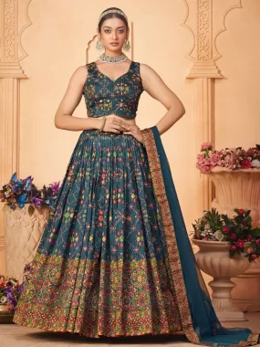 Odette Blue Chinon Printed Stitched Lehenga for Women