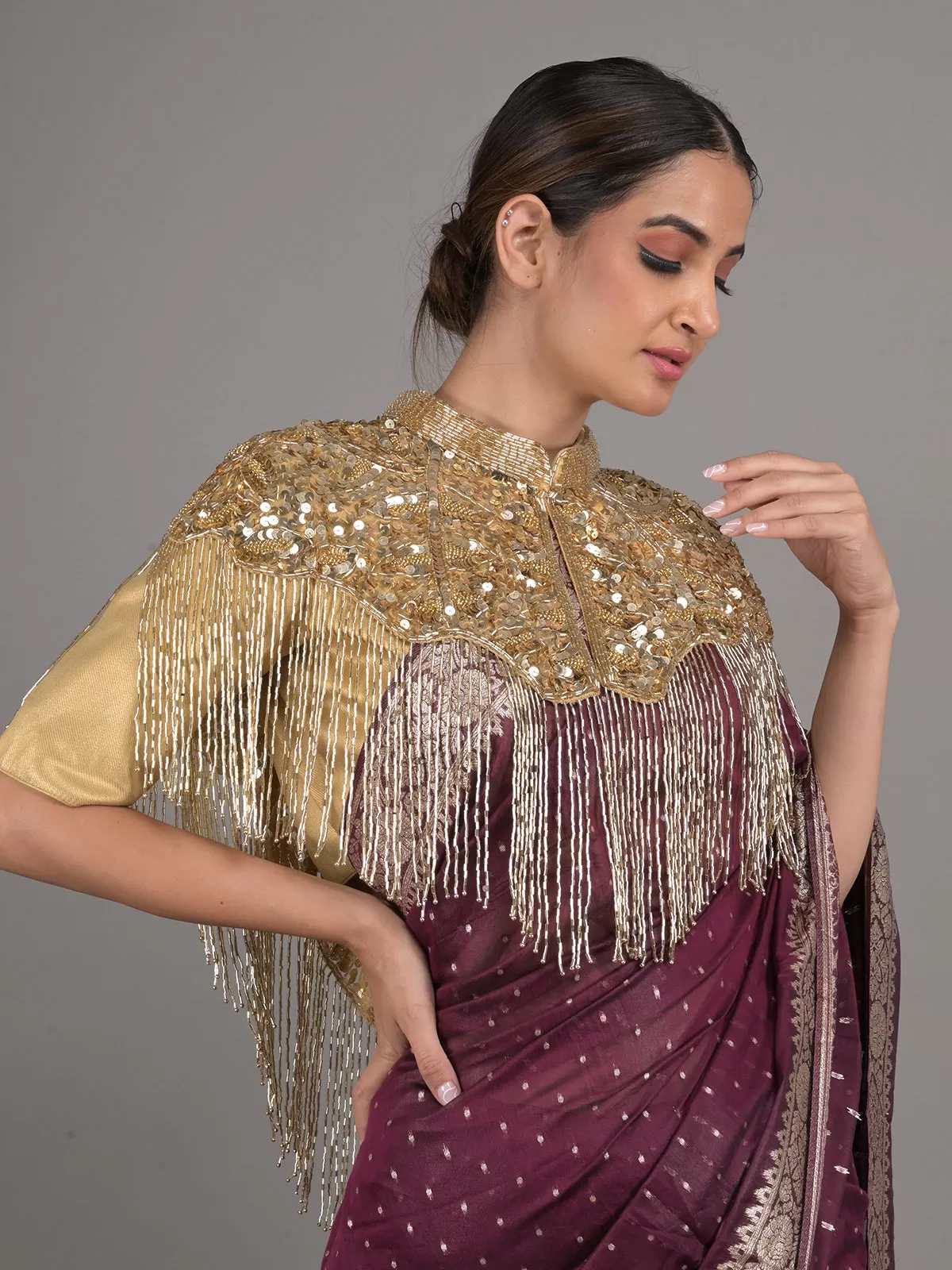 Odette Gold Sequins and Beads Embellished Tassels Cape for Women