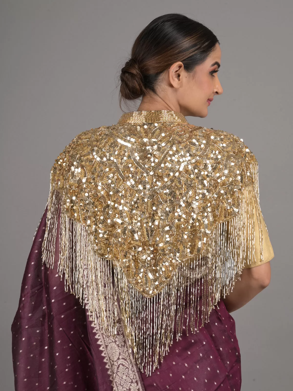 Odette Gold Sequins and Beads Embellished Tassels Cape for Women