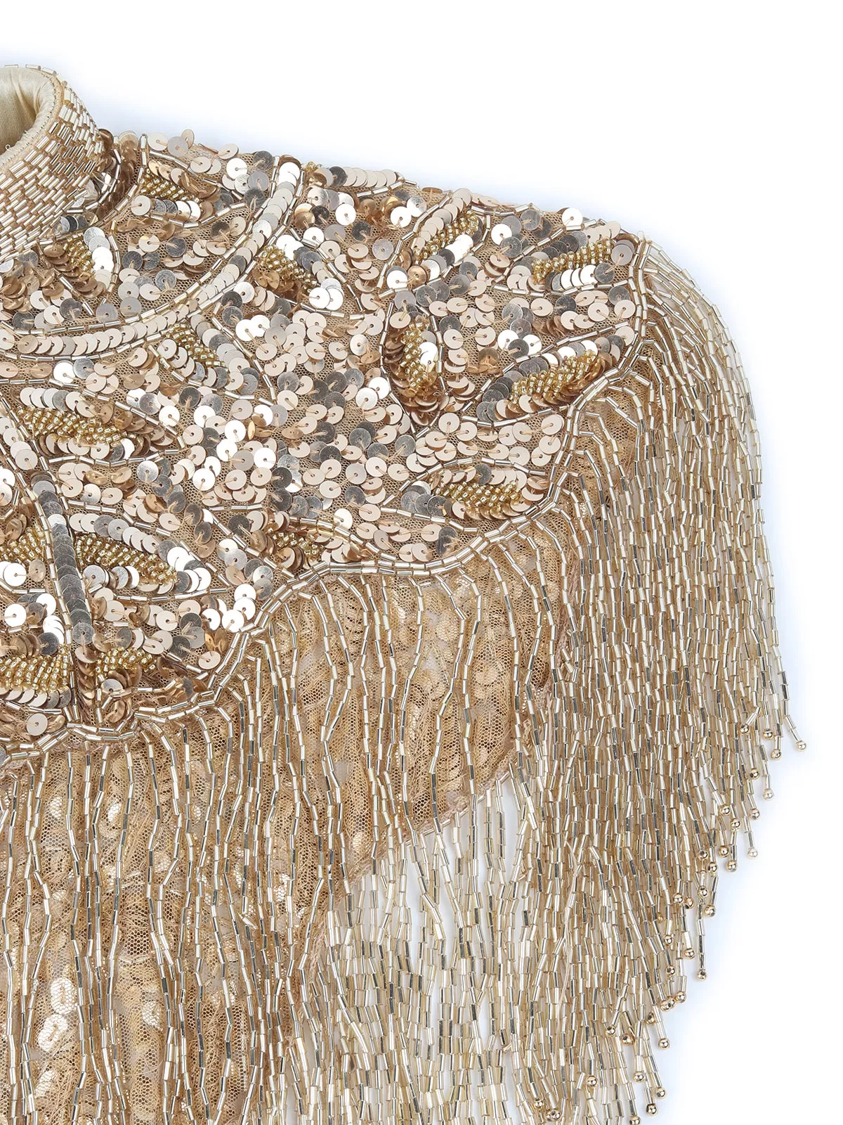 Odette Gold Sequins and Beads Embellished Tassels Cape for Women