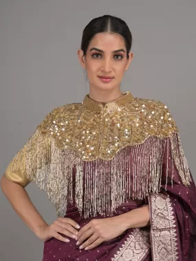 Odette Gold Sequins and Beads Embellished Tassels Cape for Women