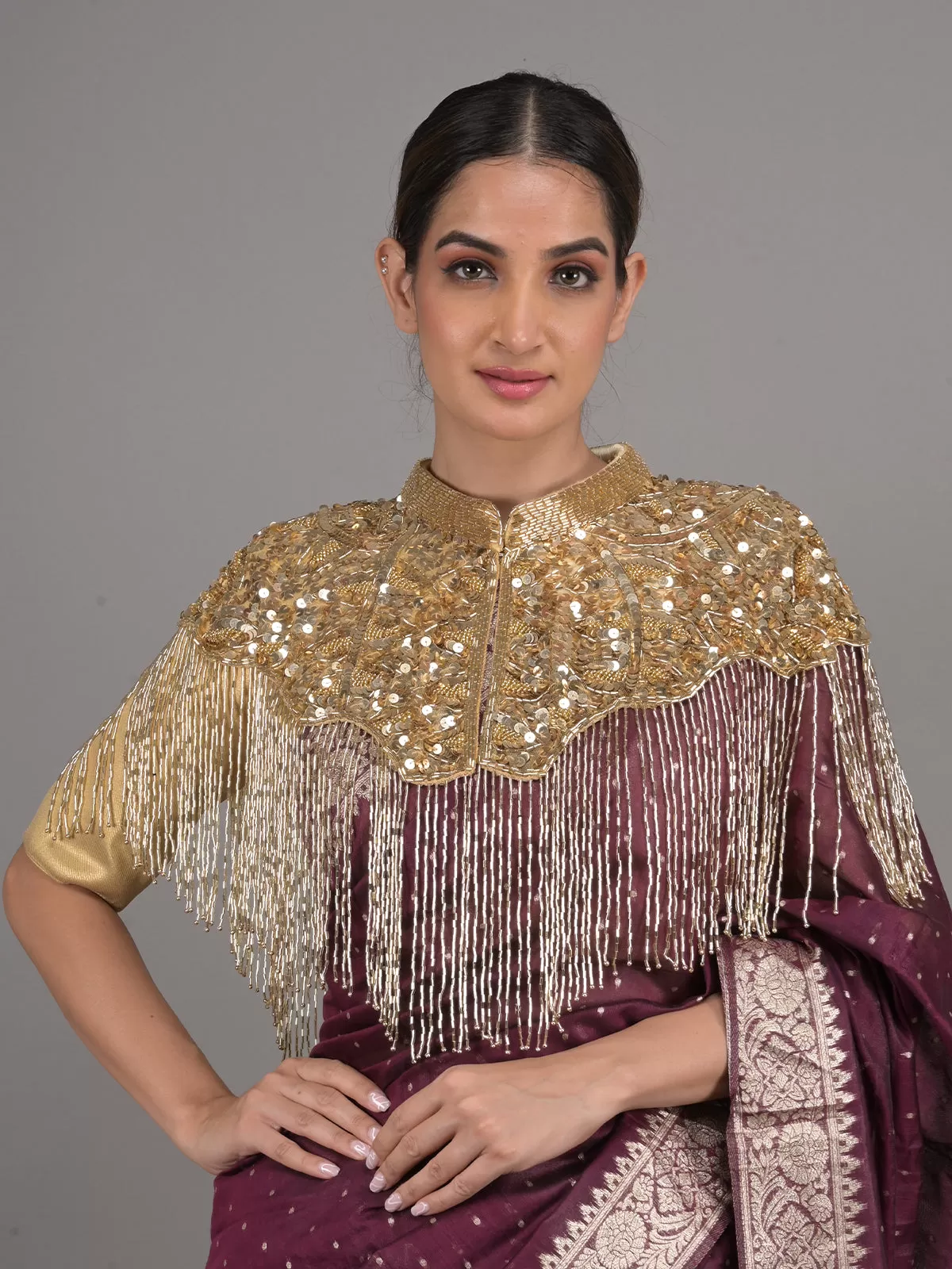 Odette Gold Sequins and Beads Embellished Tassels Cape for Women