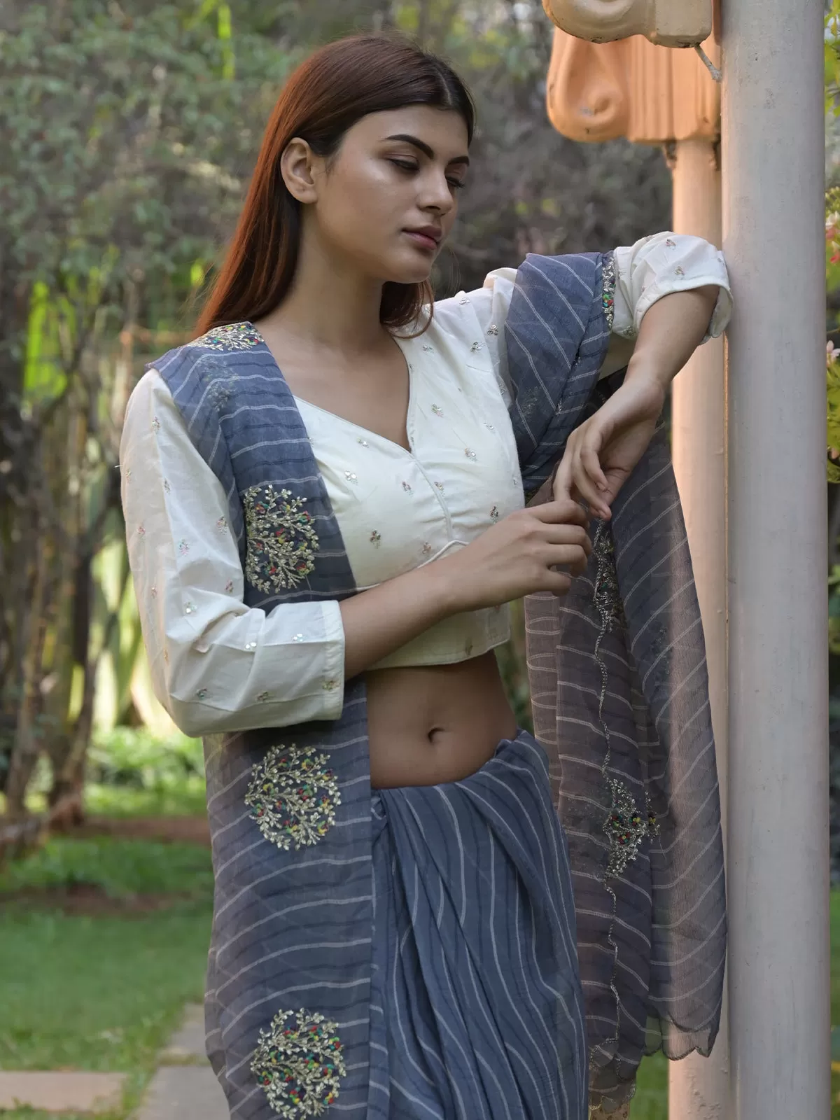 Odette Grey Embroidered Simmar Saree with Unstitched Blouse for Women