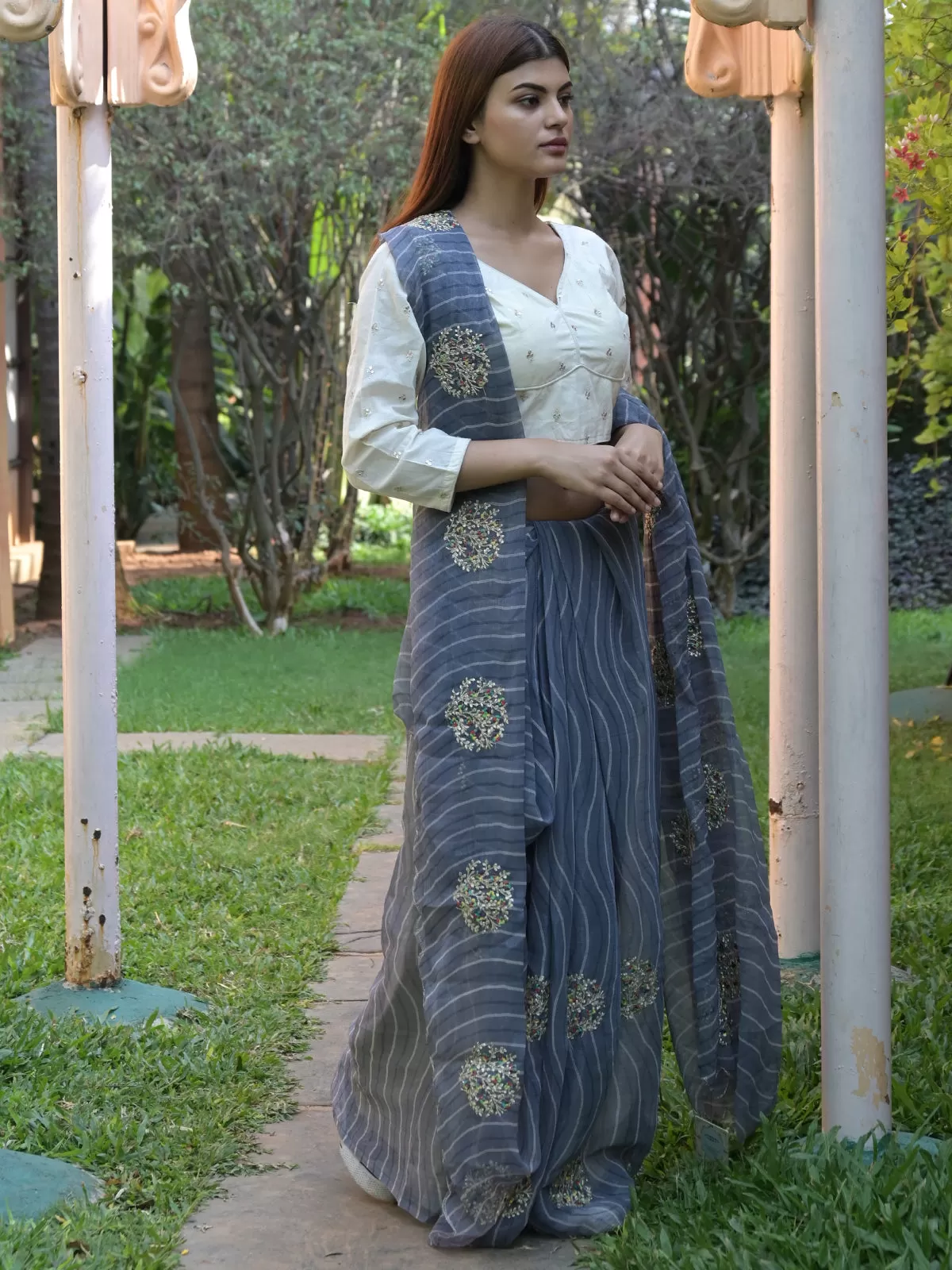 Odette Grey Embroidered Simmar Saree with Unstitched Blouse for Women