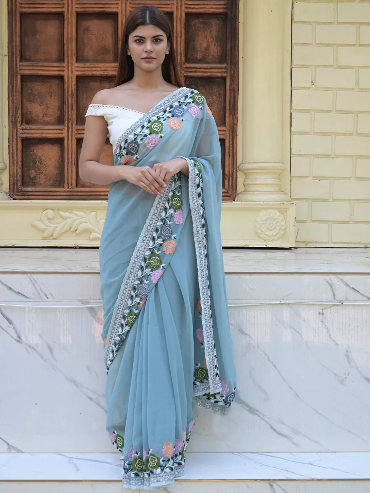 Odette Light Blue Embroidered Georgette Saree with Unstitched Blouse for Women